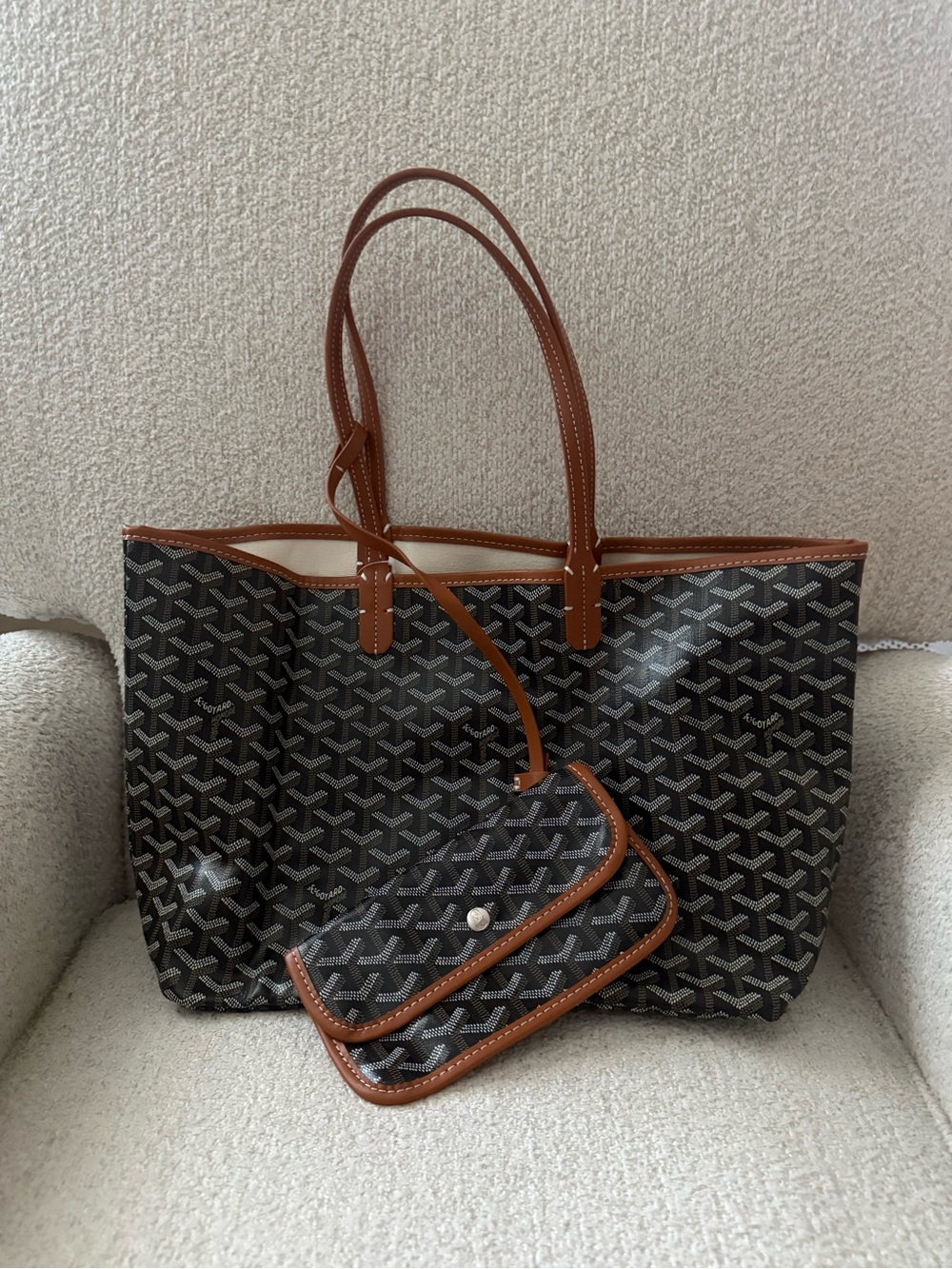 Brown Trim Black Patterned Tote Bag with Matching Pouch
